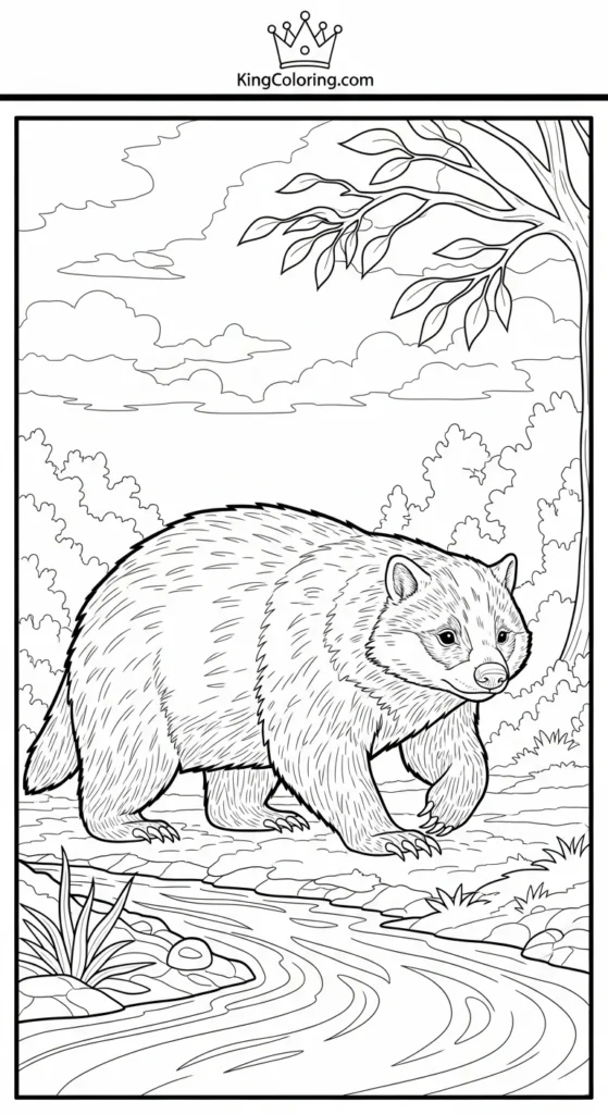 Badger Walking Along Stream Coloring Page