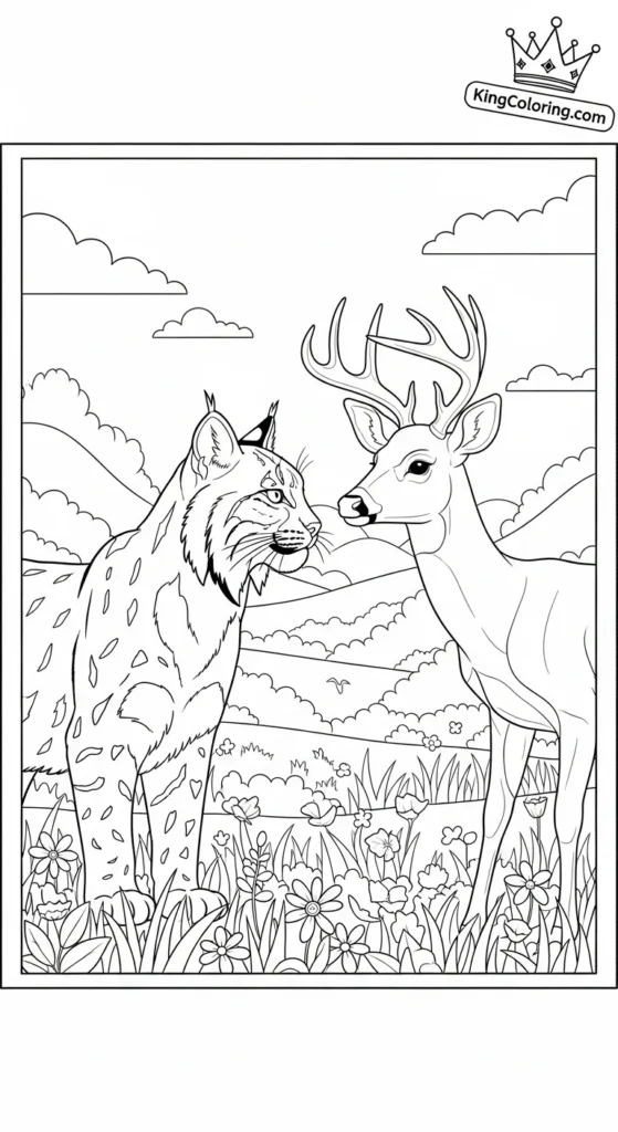 Bobcat And Deer Sharing Meadow Coloring Page
