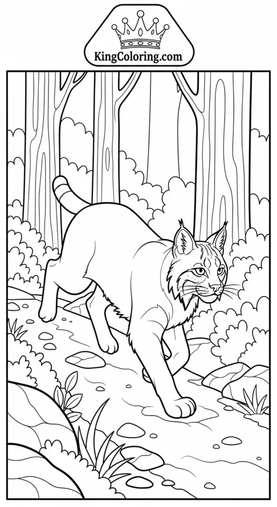 Bobcat Mid-Stride On Forest Trail Printable Coloring Page