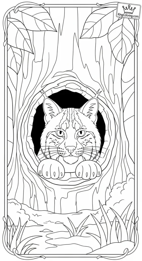 Bobcat Peeking From Hollow Tree Printable Coloring Page