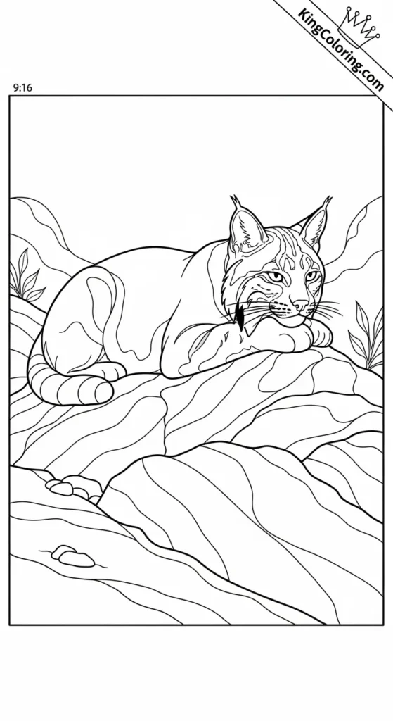 Bobcat Resting On Rocky Outcrop Printable Coloring Page