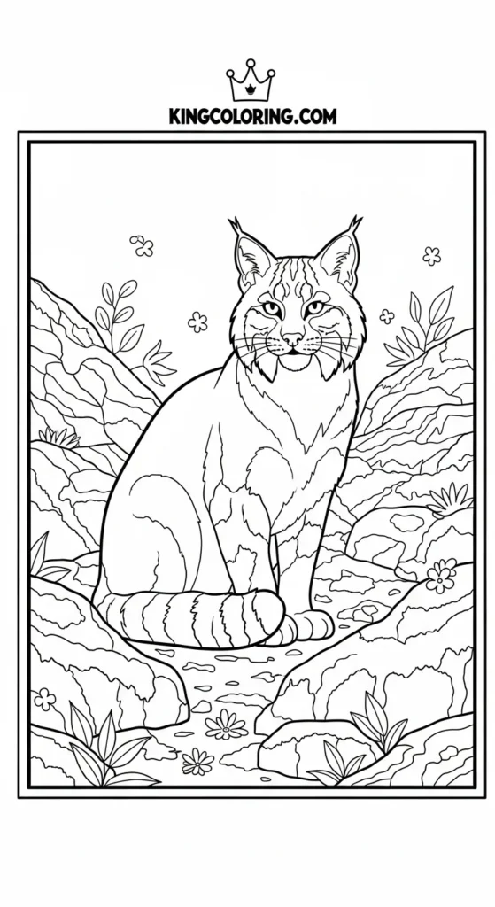 Bobcat Sitting Among Mossy Rocks Coloring Page.