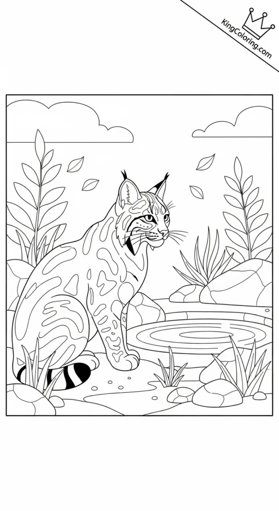 Bobcat Sitting Near Waterhole Coloring Sheet
