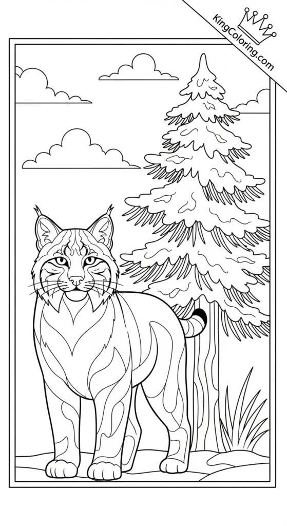 Bobcat Standing Beside Pine Tree Coloring Page.