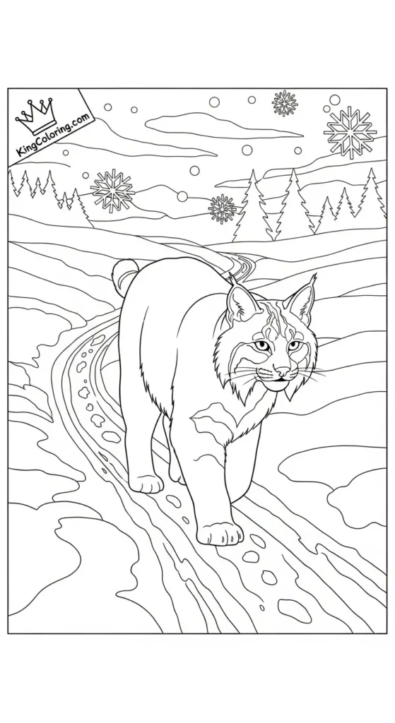 Bobcat Walking On Snowy Path Printable Coloring Page