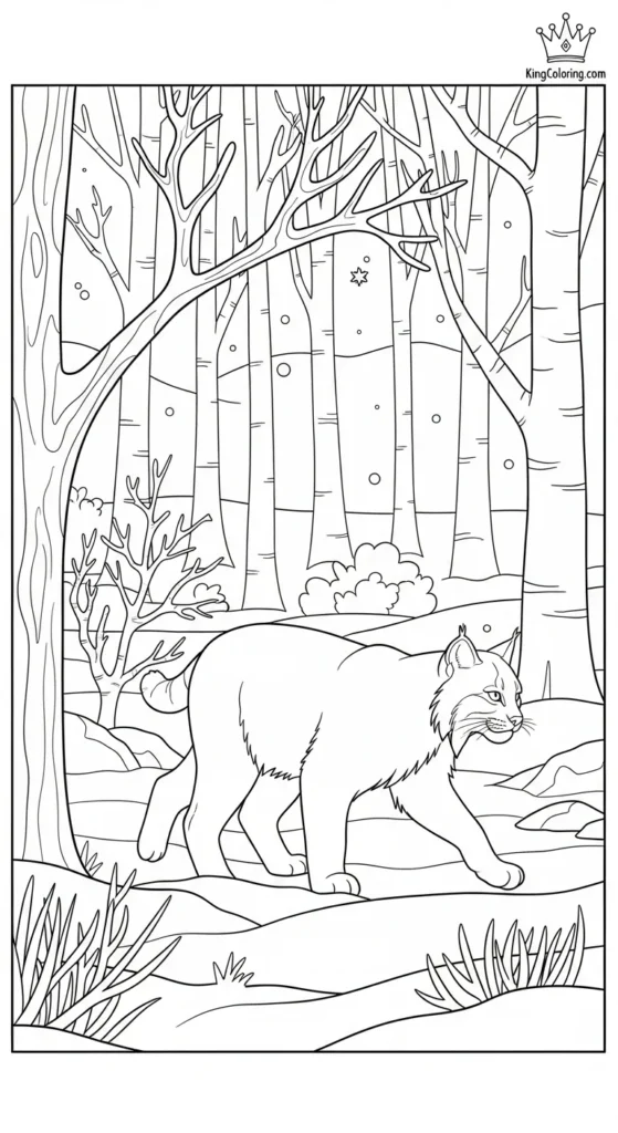 Bobcat Walking Through Winter Woods Printable Coloring Page