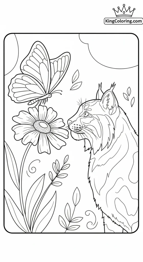 Bobcat Watching Butterfly On Flower Coloring Sheet