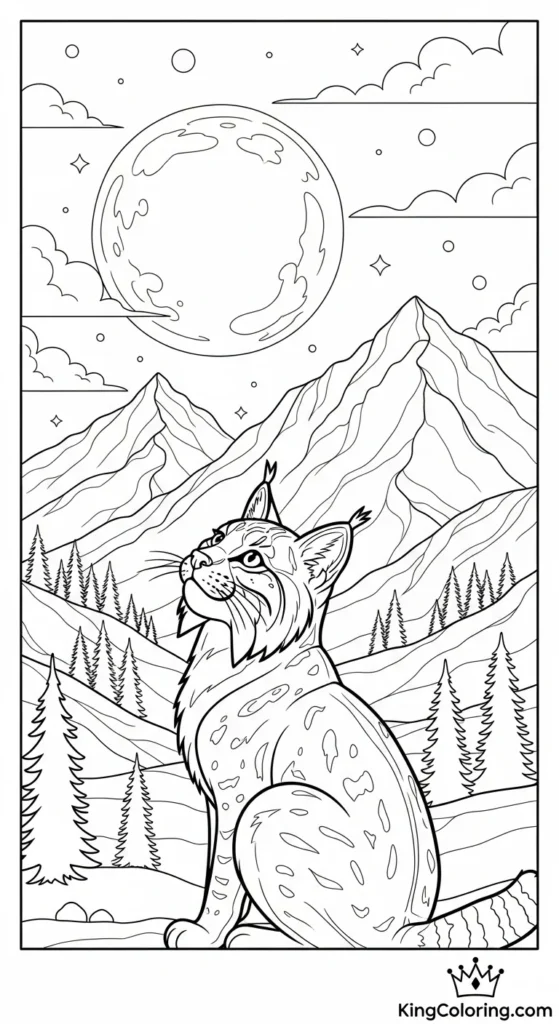Bobcat Watching Moonrise Over Mountains Coloring Page