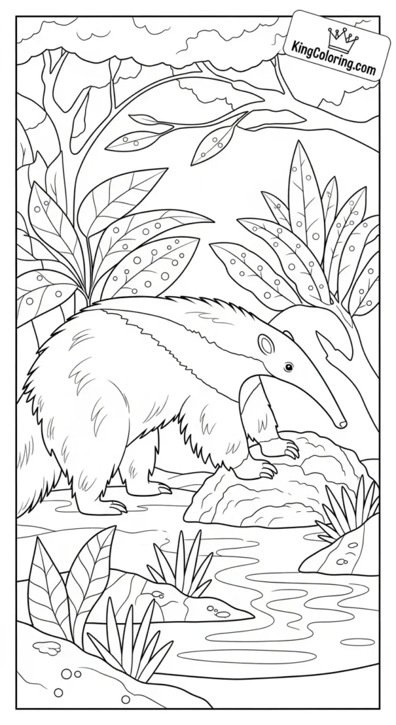 Cartoon Anteater Exploring Rainforest Coloring Page For Kids