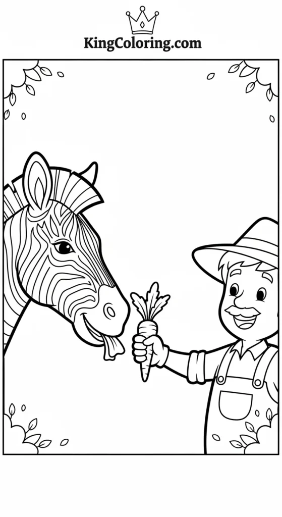 Cartoon Farmer Feeding A Friendly Zebra Coloring Page For Kids
