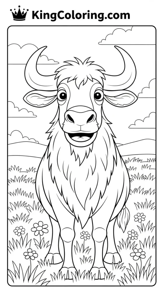 Cartoon Gnu Smiling In Meadow Coloring Page For Kids.