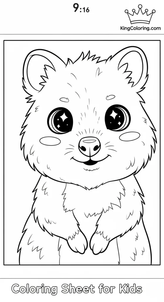 Cartoon Quokka With Big Sparkly Eyes Coloring Sheet For Kids.