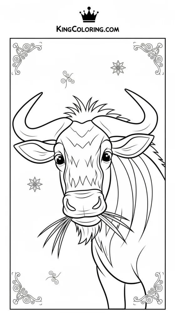 Cartoon Wildebeest Chewing Grass Coloring Sheet For Kids