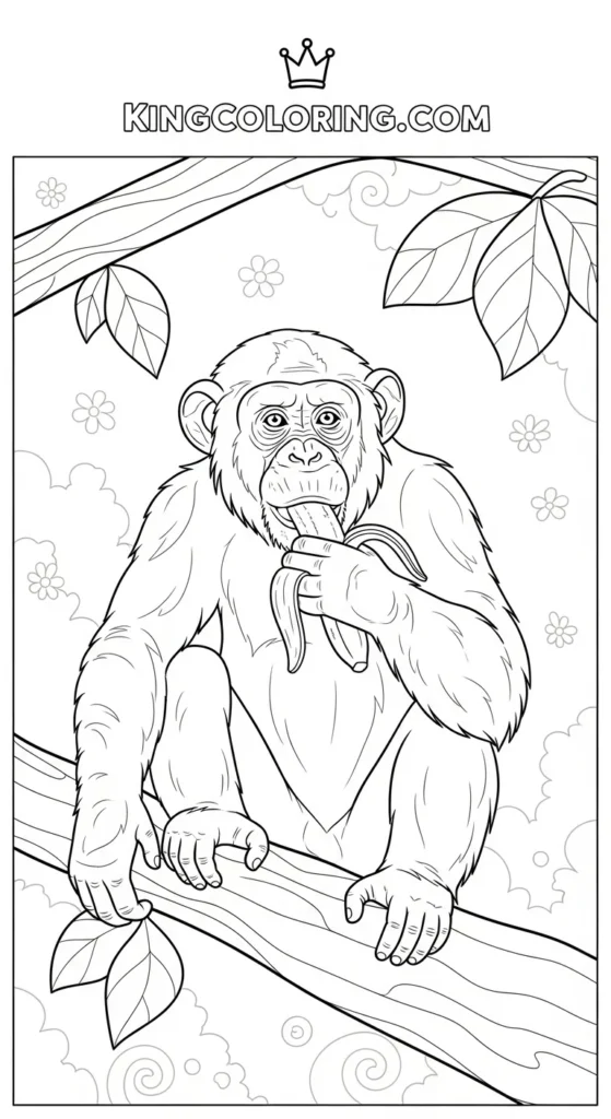Chimpanzee Eating Fruit On Branch Coloring Page
