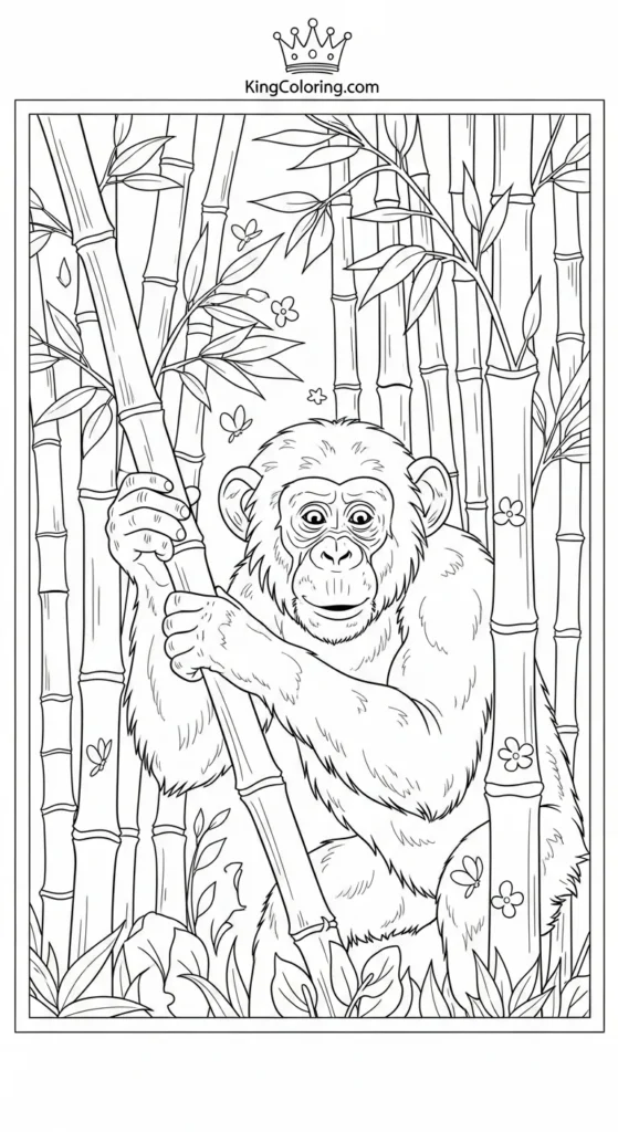 Chimpanzee Exploring Bamboo Grove Coloring Sheet.