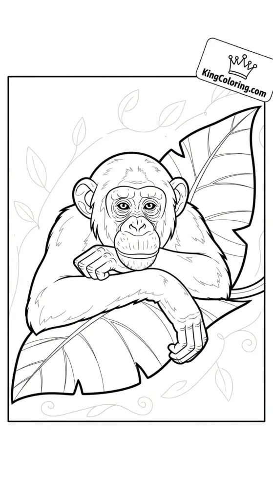Chimpanzee Resting On Large Leaf Coloring Page