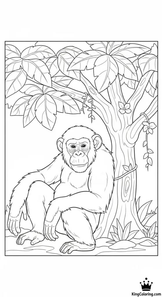 Chimpanzee Resting Under Tropical Tree Printable Coloring Page