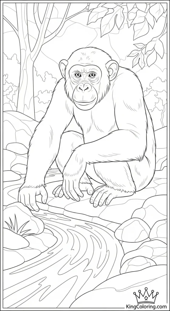 Chimpanzee Sitting Beside Water Stream Coloring Page.