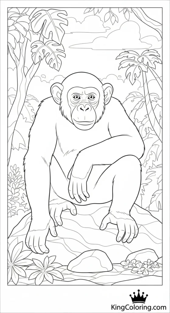 Chimpanzee Sitting On Jungle Rock Coloring Page.