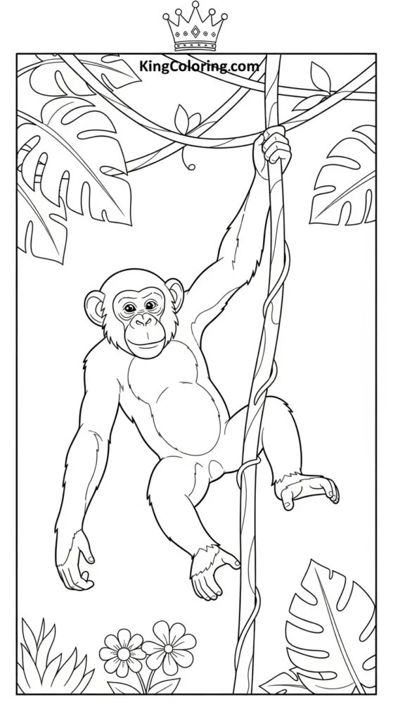 Chimpanzee Swinging From Tall Vine Coloring Sheet