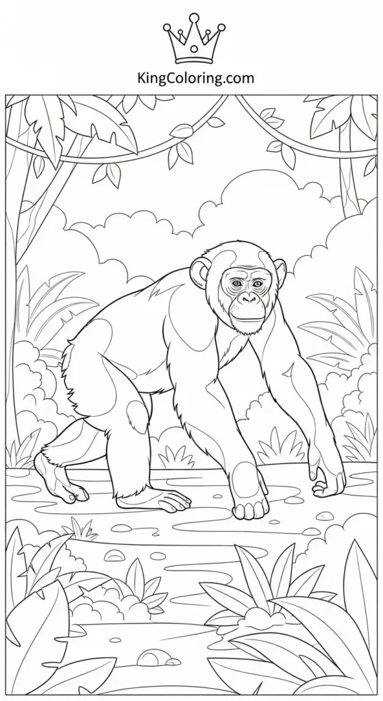 Chimpanzee Walking Across Jungle Floor Coloring Sheet.