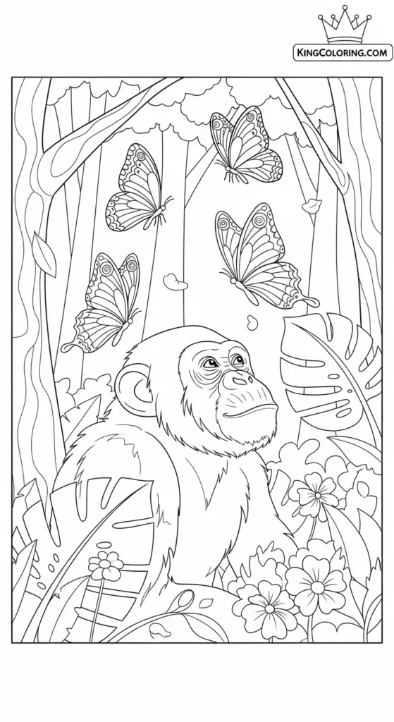 Chimpanzee Watching Butterflies In Forest Coloring Sheet.