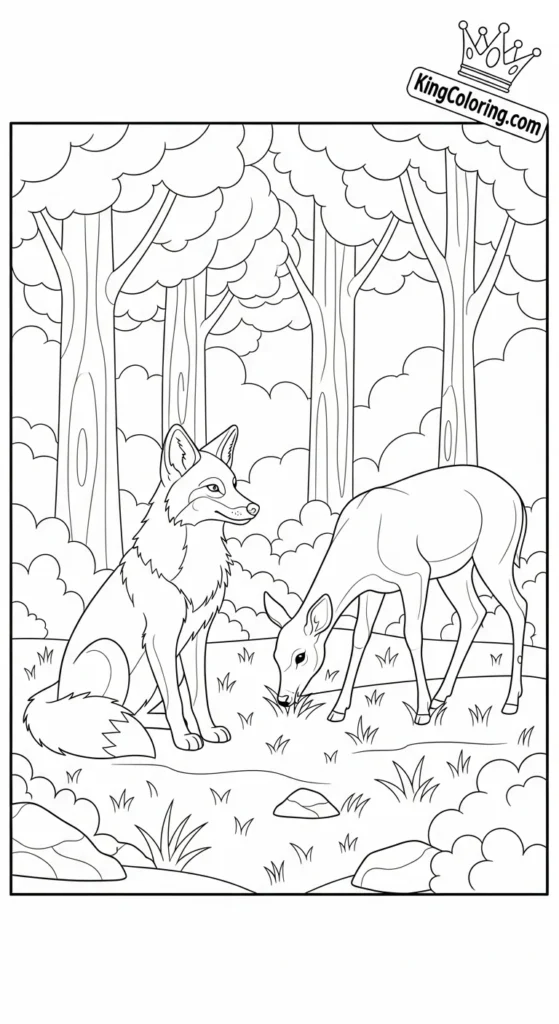 Coyote And Deer Sharing Forest Clearing Printable Coloring Page