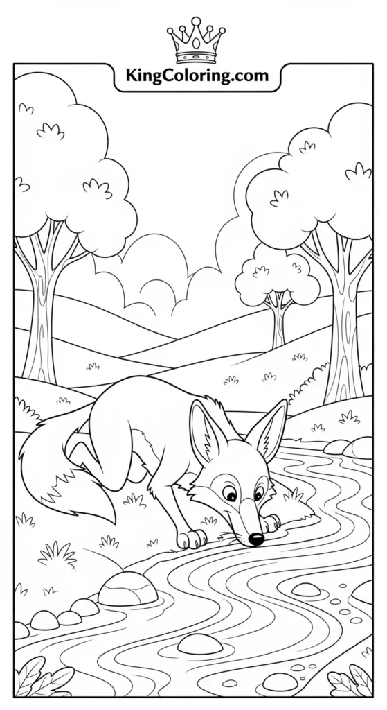 Coyote Drinking From A Quiet Stream Coloring Sheet