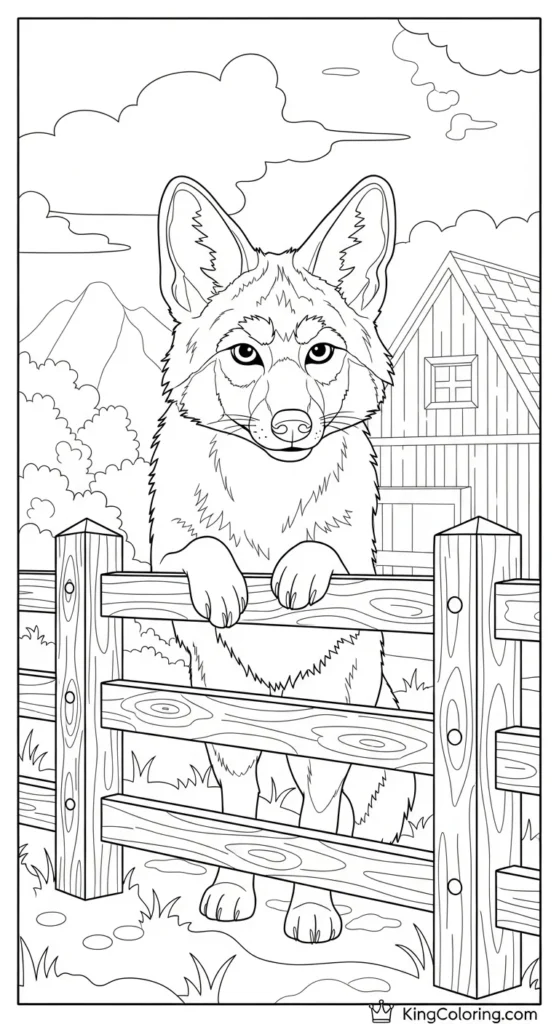 Coyote Near A Wooden Farm Fence Coloring Page