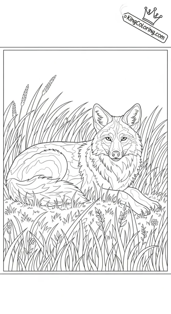 Coyote Resting In Tall Prairie Grass Coloring Sheet