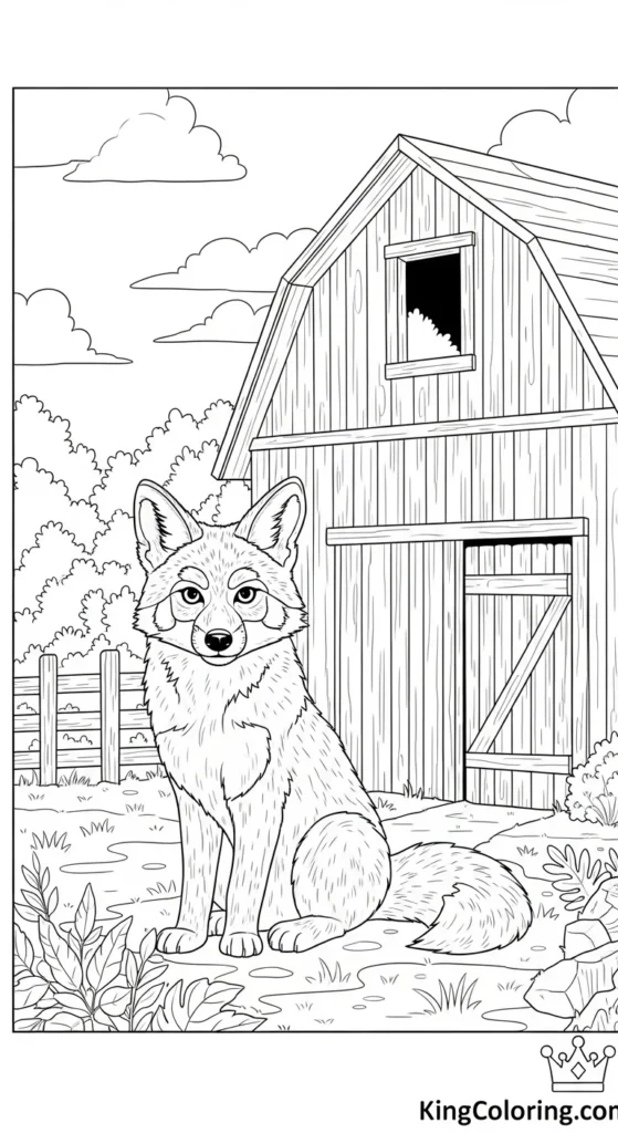 Coyote Sitting Beside Old Barn Coloring Sheet