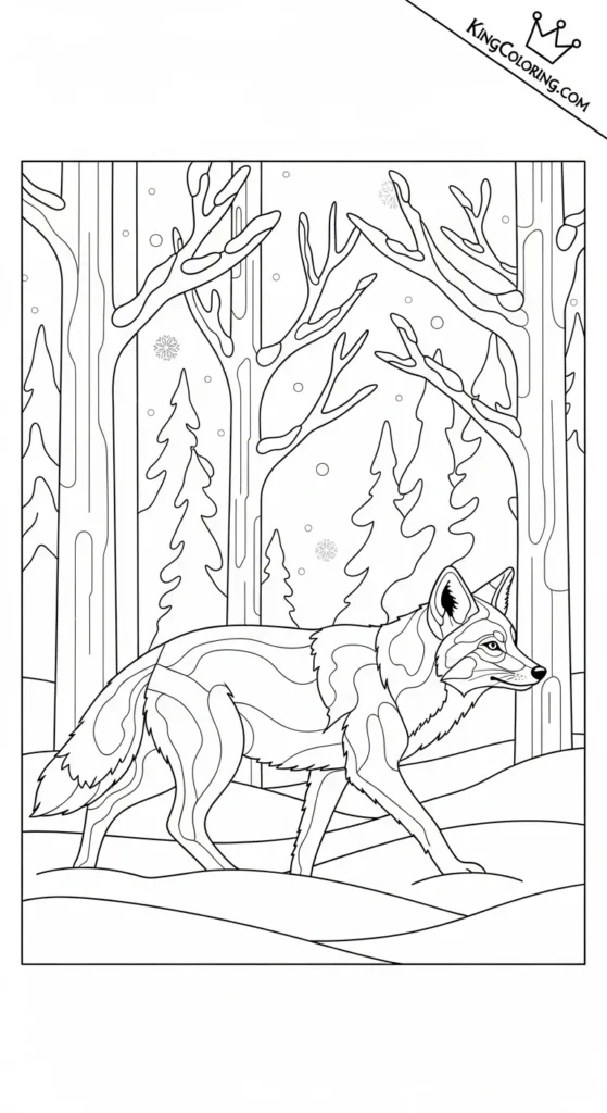 Coyote Walking Through Snowy Forest Coloring Page.