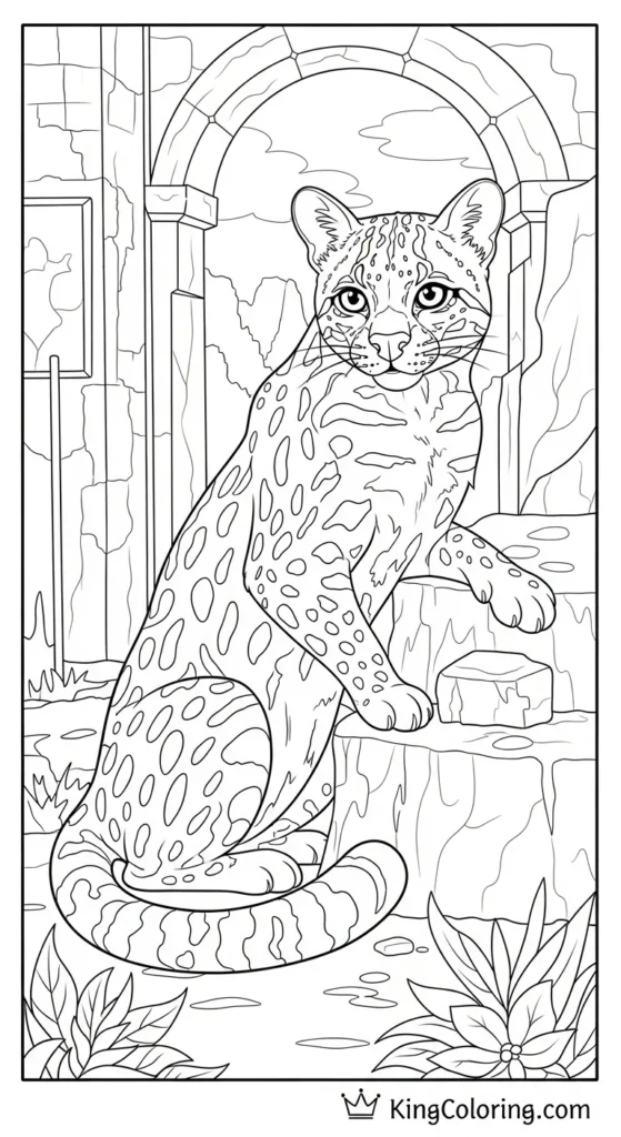 Curious Ocelot Near Ancient Ruins Coloring Sheet.
