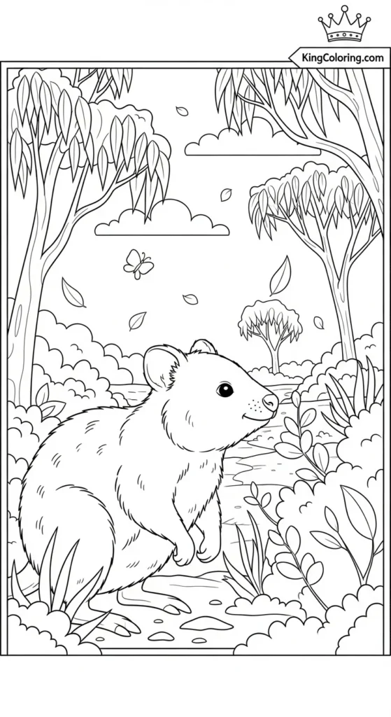 Curious Quokka Exploring Bushland Coloring Page.