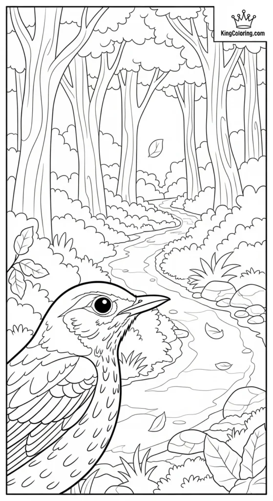 Curious Thrush Near A Forest Path Coloring Page.