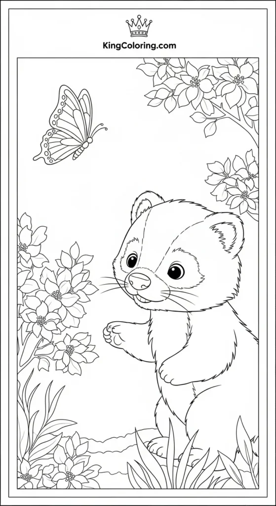 Cute Baby Badger Watching Butterfly Coloring Sheet