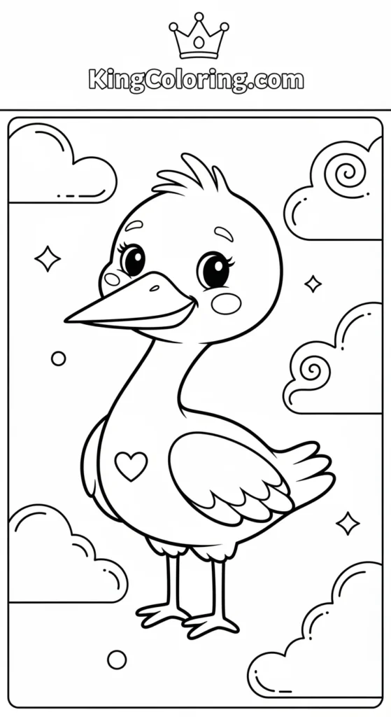 Cute Baby Stork With Cartoon Clouds Coloring Page For Kids