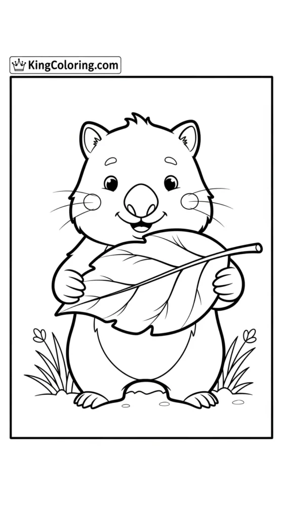 Cute Cartoon Wombat Holding A Leaf Coloring Sheet For Kids