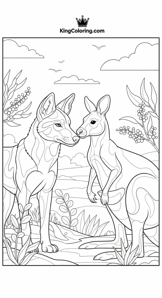 Dingo And Kangaroo In Shared Landscape Printable Coloring Page