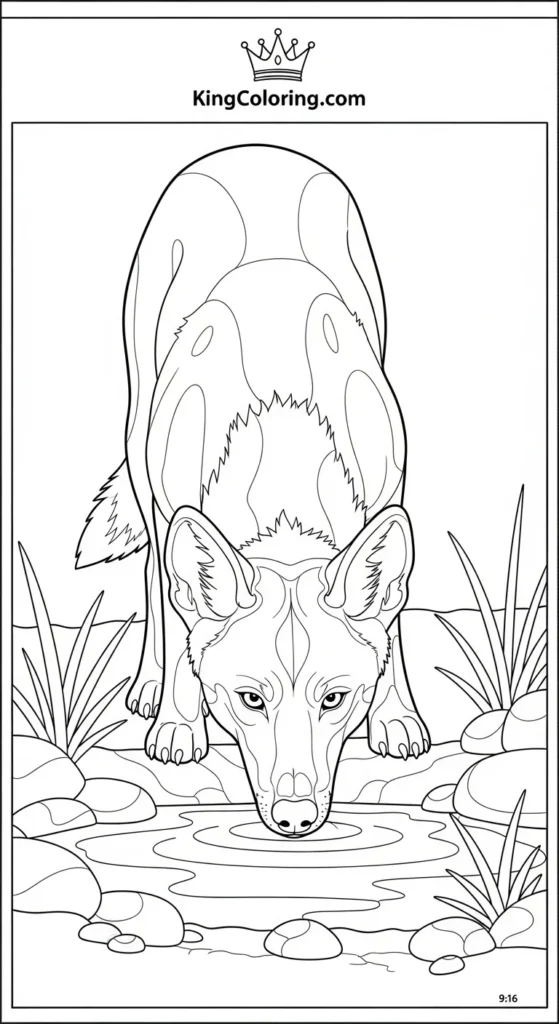 Dingo Drinking From Small Waterhole Coloring Sheet.
