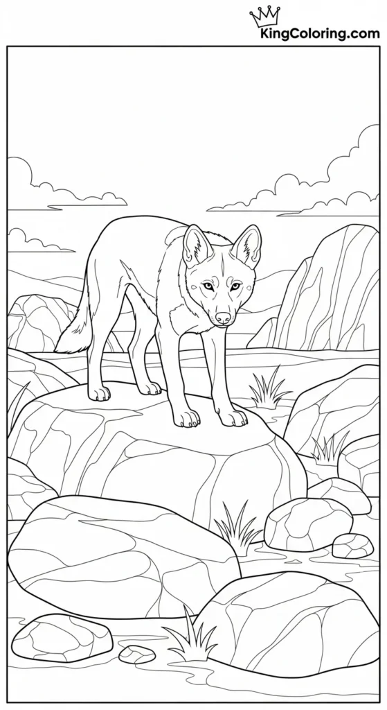 Dingo Exploring Rocky Terrain Coloring Sheet.