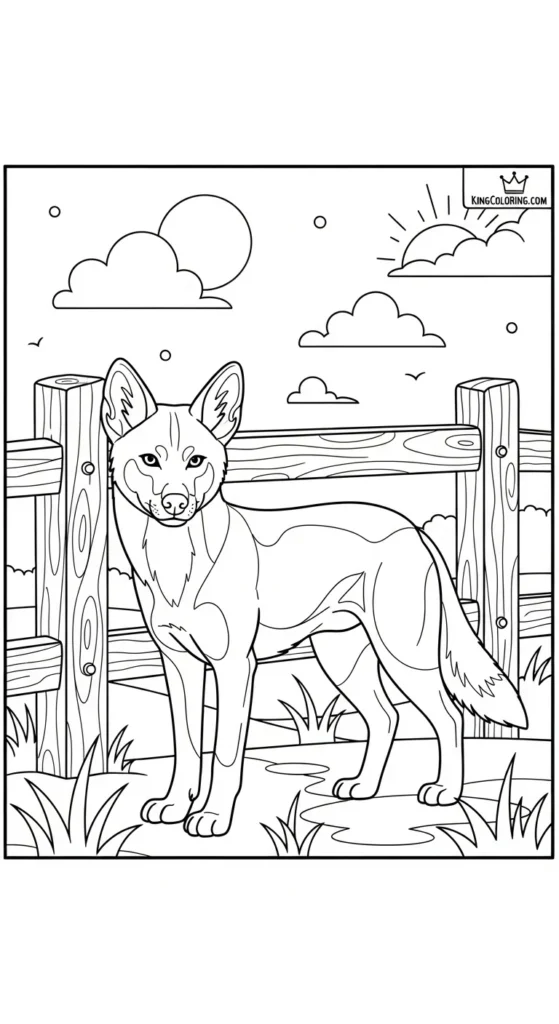 Dingo Near A Wooden Fence In Countryside Printable Coloring Page.