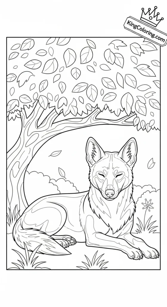 Dingo Resting Under Shaded Tree Coloring Page.
