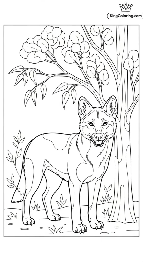 Dingo Standing Beside Eucalyptus Trees Printable Coloring Page.