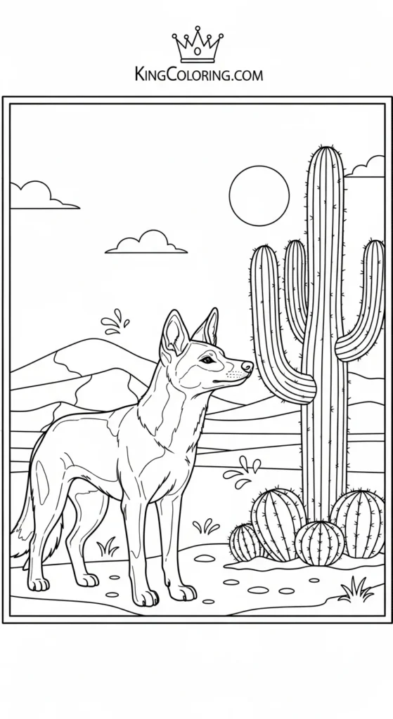 Dingo Standing Near Desert Cactus Printable Coloring Page.