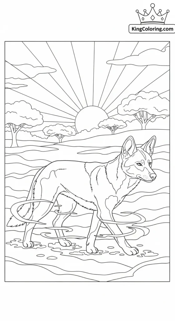 Dingo Walking Through Morning Mist Coloring Page