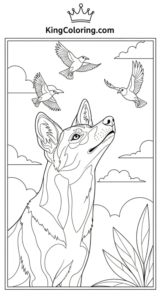 Dingo Watching Birds Fly Overhead Printable Coloring Page.