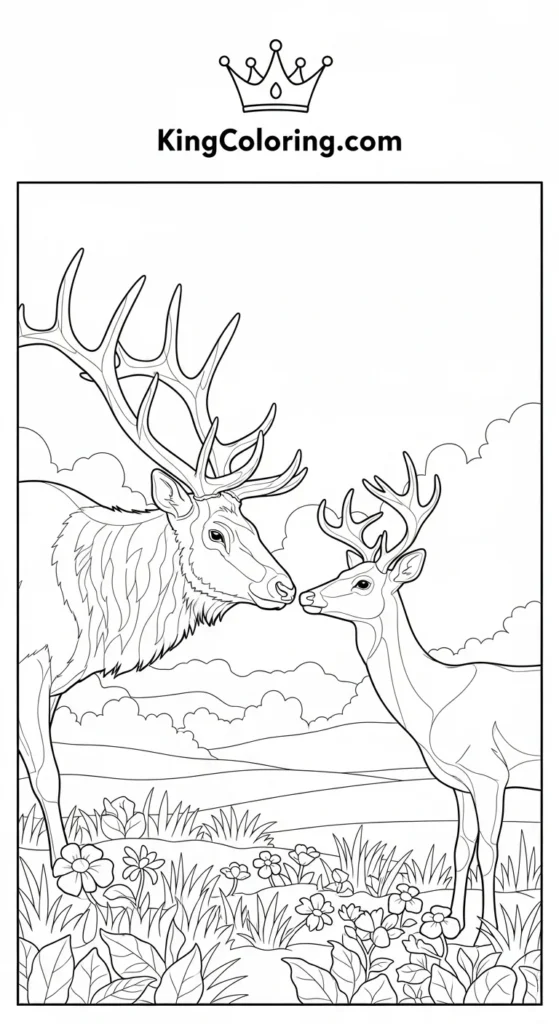 Elk And Deer Sharing Meadow Coloring Sheet.