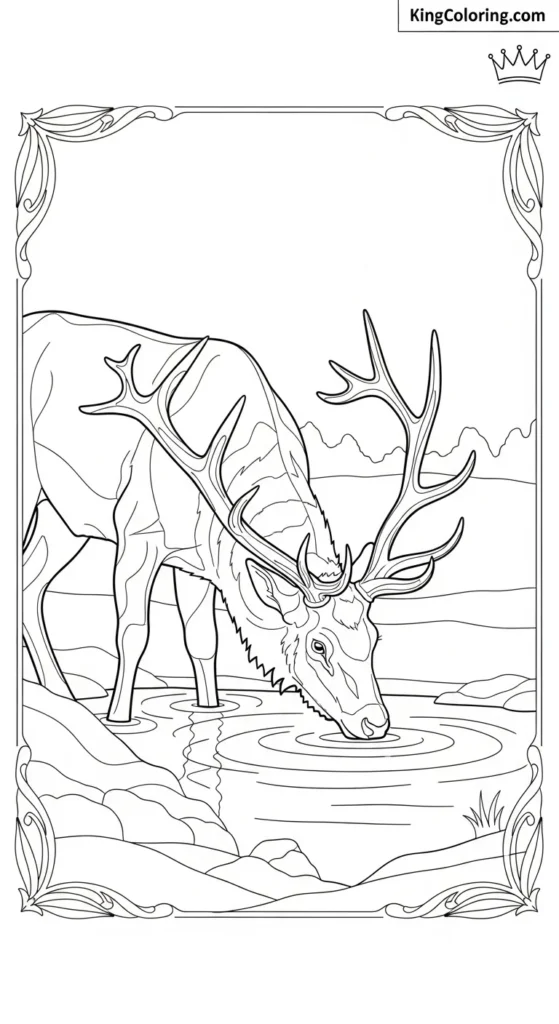 Elk Drinking From Quiet Pond Printable Coloring Page.
