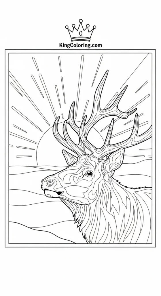 Elk Looking Toward Sunrise Printable Coloring Page.